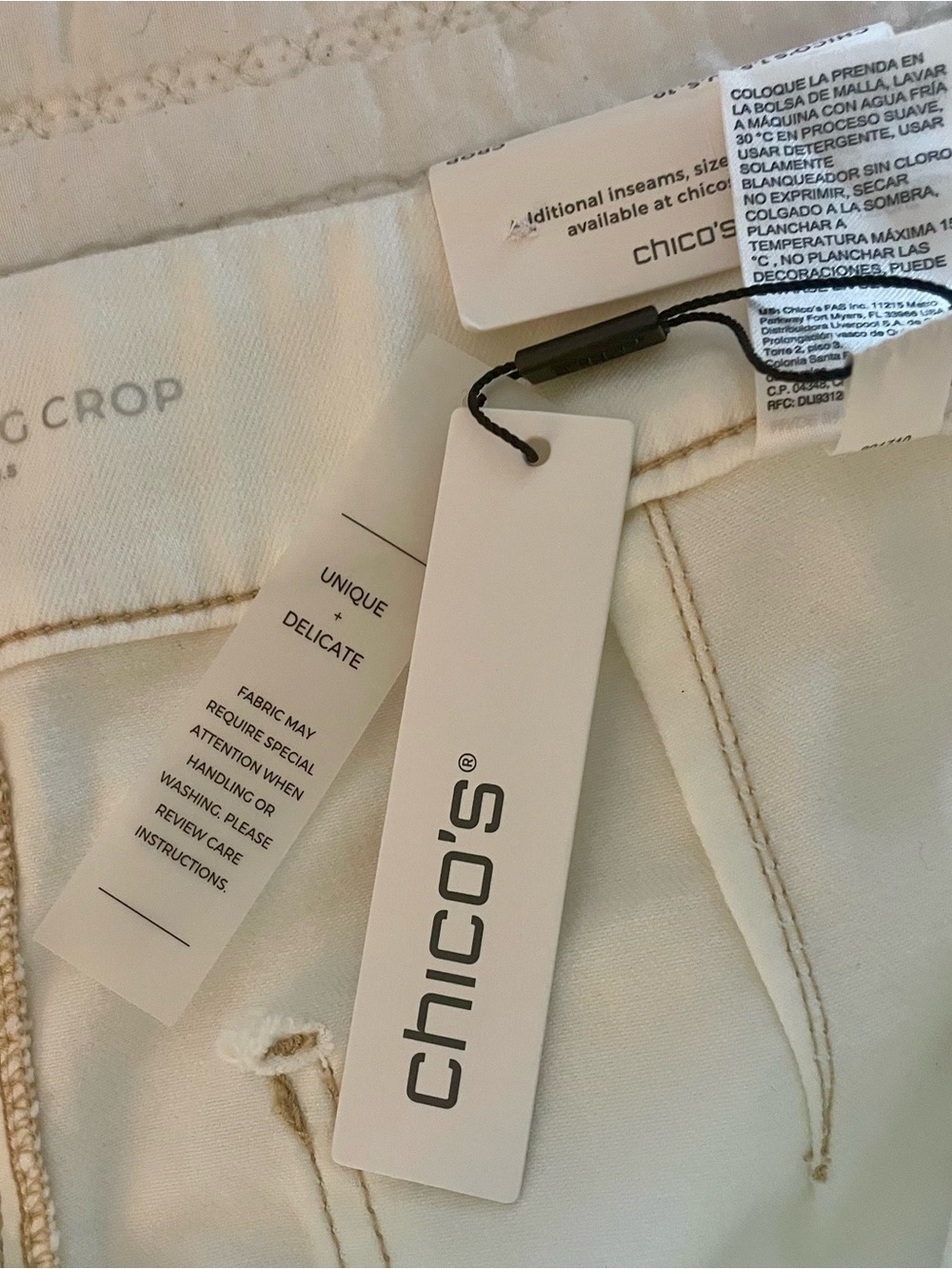Chico’s White Cropped Wide-Leg Pants with Gold Floral Embroidery Cutouts - Picture 8 of 9